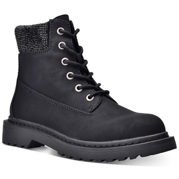 Wild Pair Shoes - Wild Pair Riiver Lace-Up Lug Sole Booties - Black w/ Bling - Size 11
